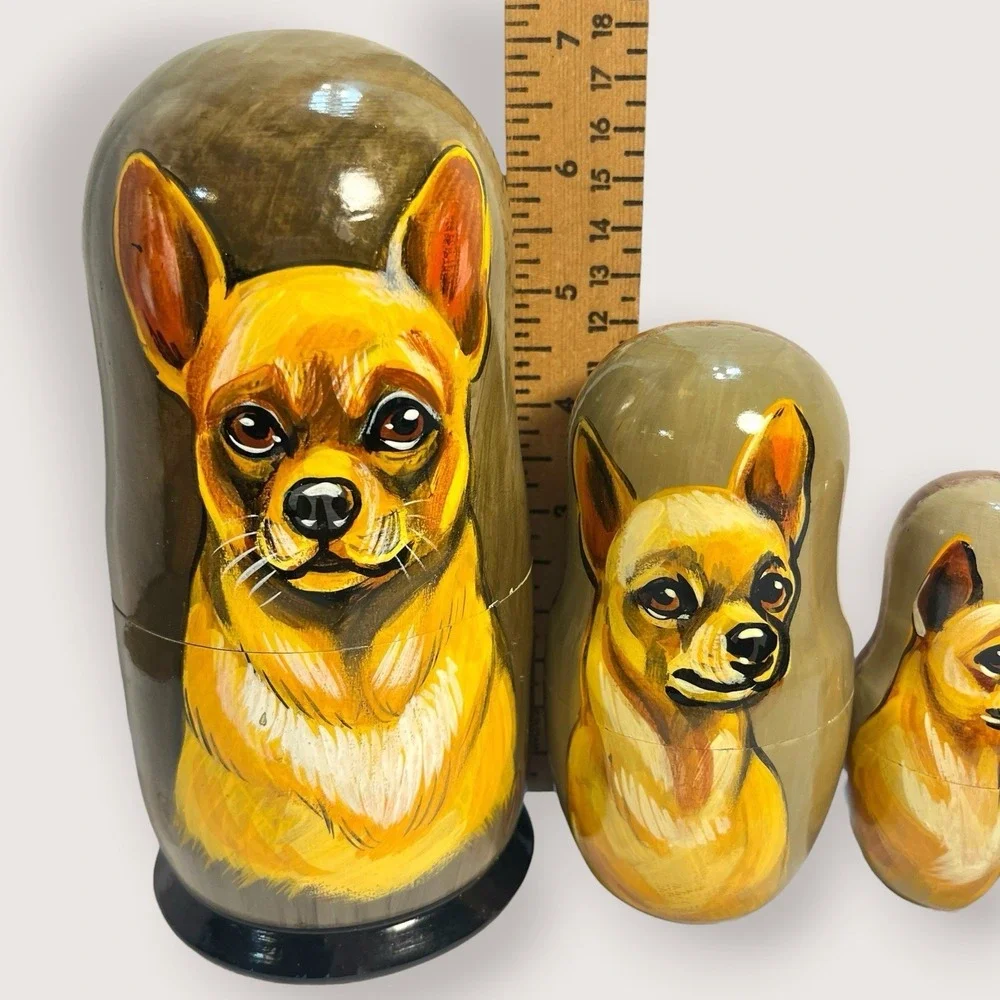 Matryoshka Signed Chihuahua Dog Russian Nesting Doll 5 Piece Dolls Dogs